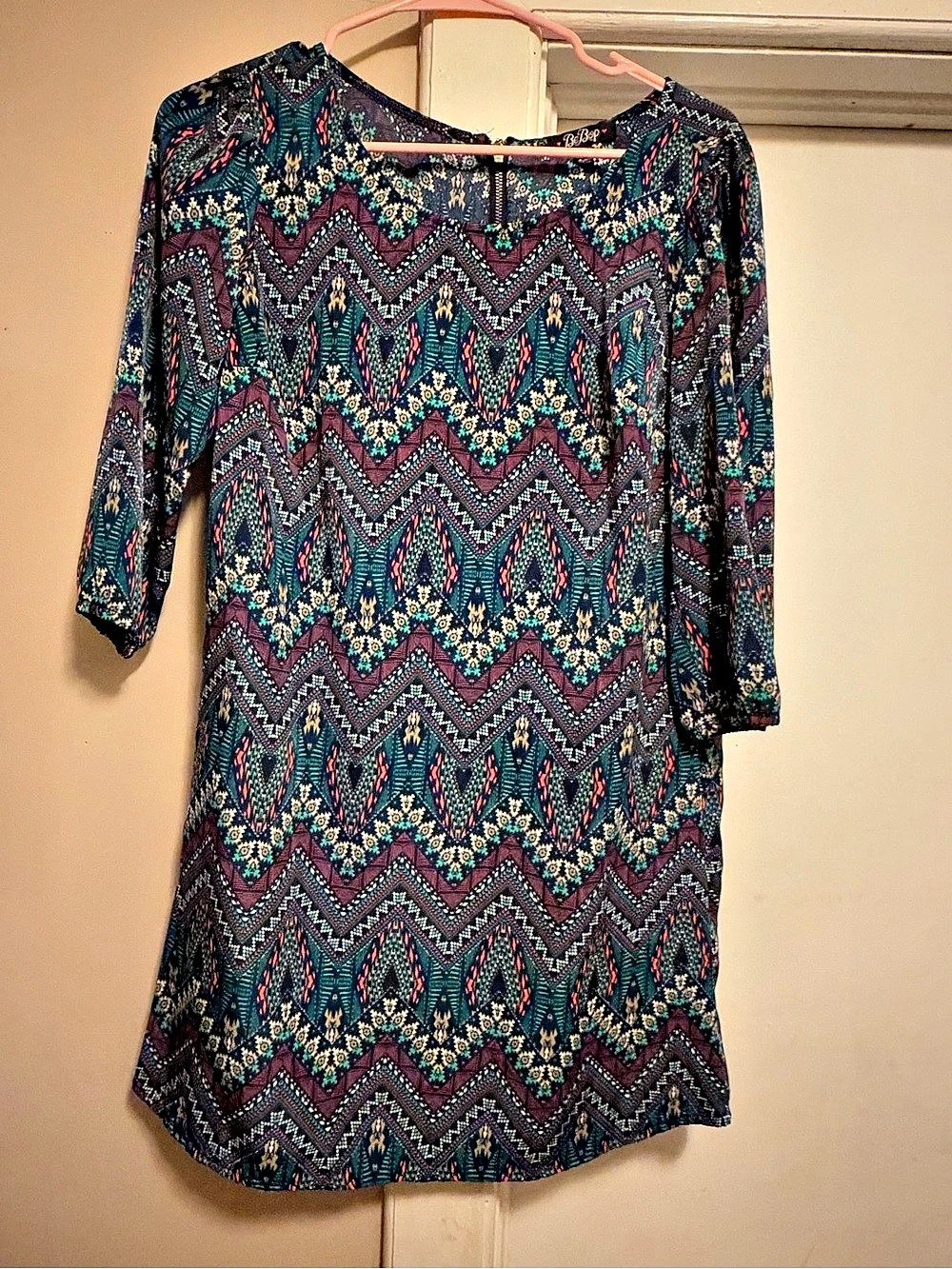 Bebop boho Geometric 3/4 Sleeve Mini Dress in Blue & Purple Like New XS